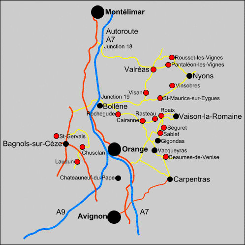 Map showing the Cotes du Rhone Villages appellations